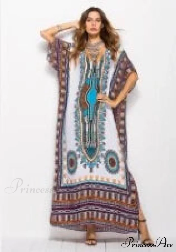 Long Kaftan Dress Rayon Cultural Floral Print Beach Sundress - Image 7