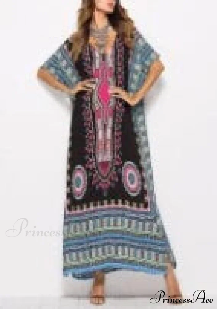 Long Kaftan Dress Rayon Cultural Floral Print Beach Sundress - Image 8