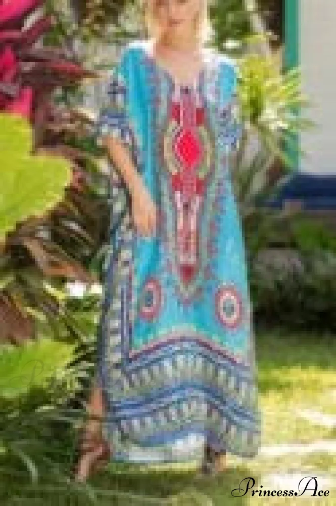 Long Kaftan Dress Rayon Cultural Floral Print Beach Sundress - Image 9