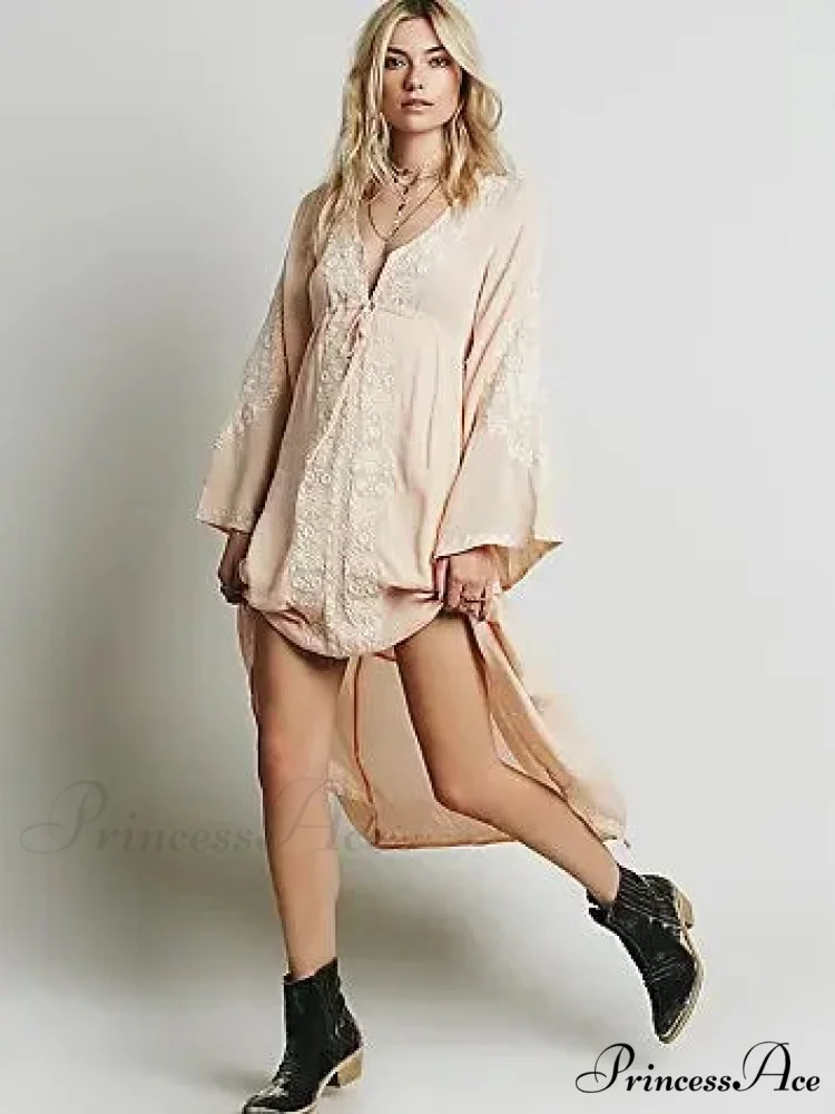 Long Sleeve Antique Flower Stitched Cotton Tunic Dress - Image 4