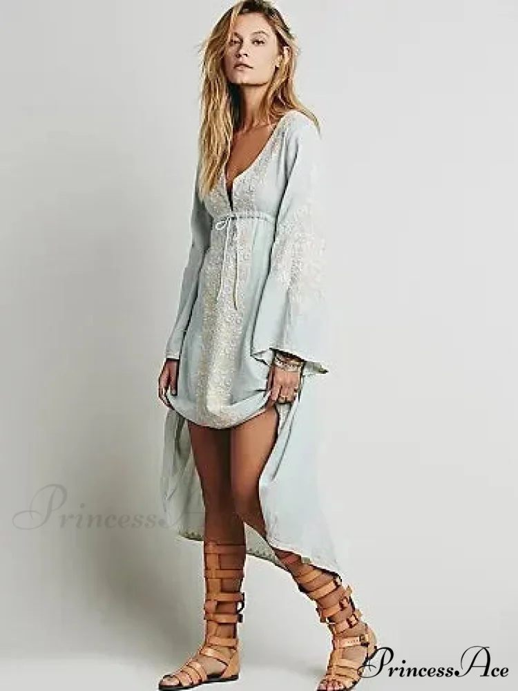 Long Sleeve Antique Flower Stitched Cotton Tunic Dress - Image 5