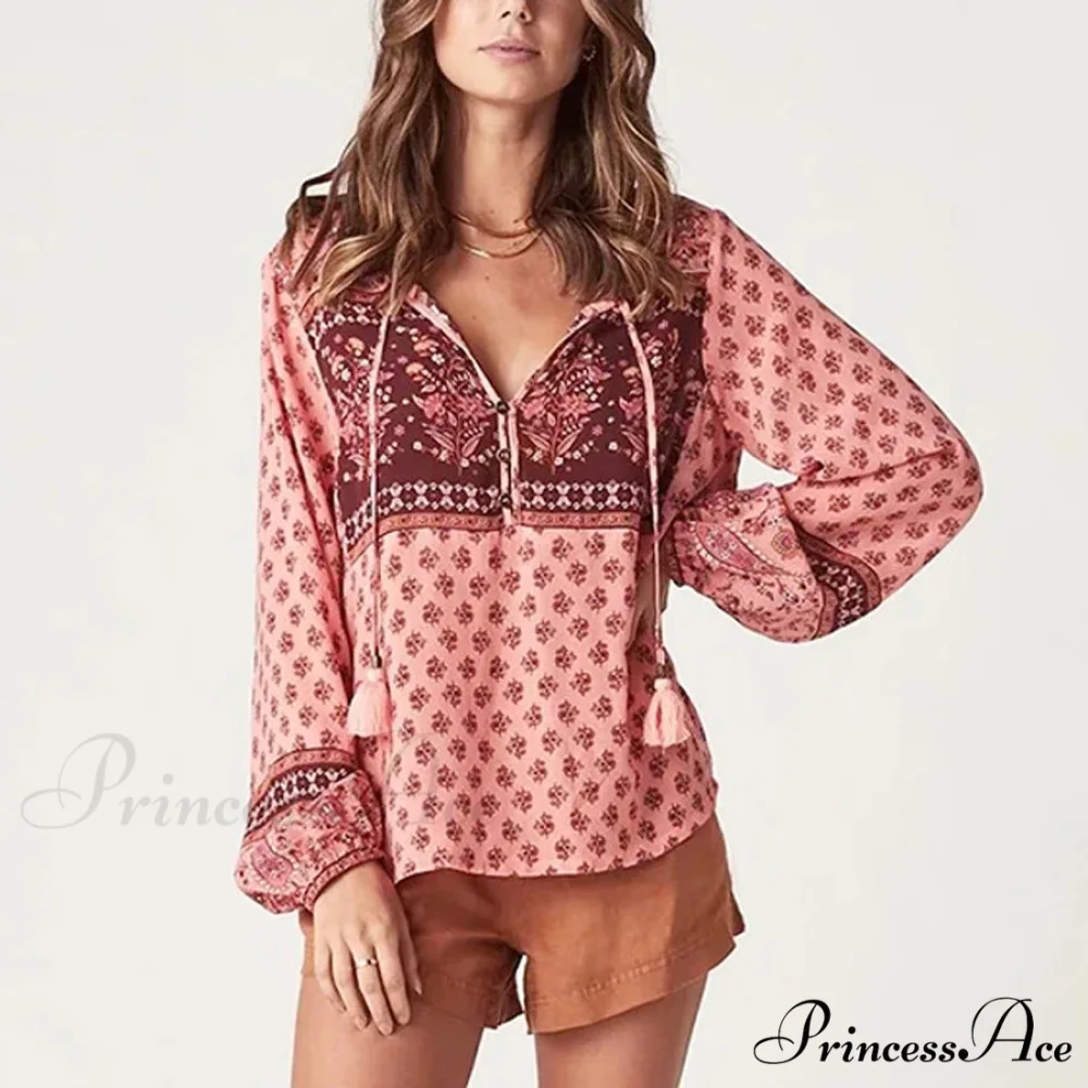 Long Sleeve Flower Pattern V-Neck Fringe Bohemian Top - Image 5