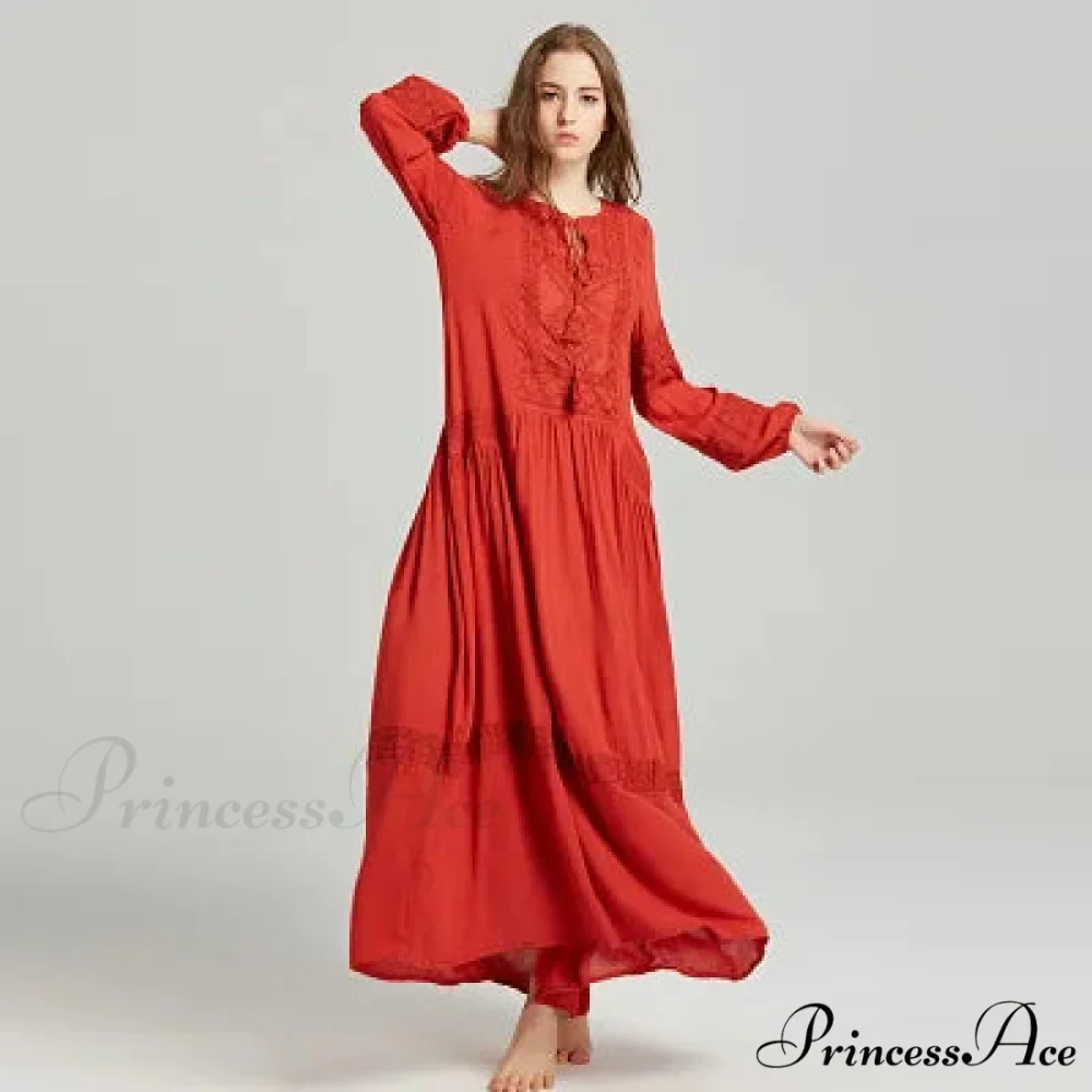 Long Sleeve Maxi Dress Crimson Floral Embroidery Fringe Boho Dress - Image 2