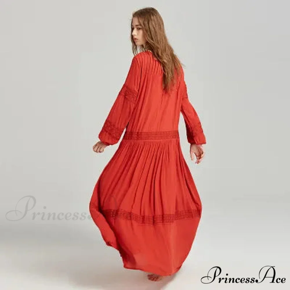 Long Sleeve Maxi Dress Crimson Floral Embroidery Fringe Boho Dress - Image 3