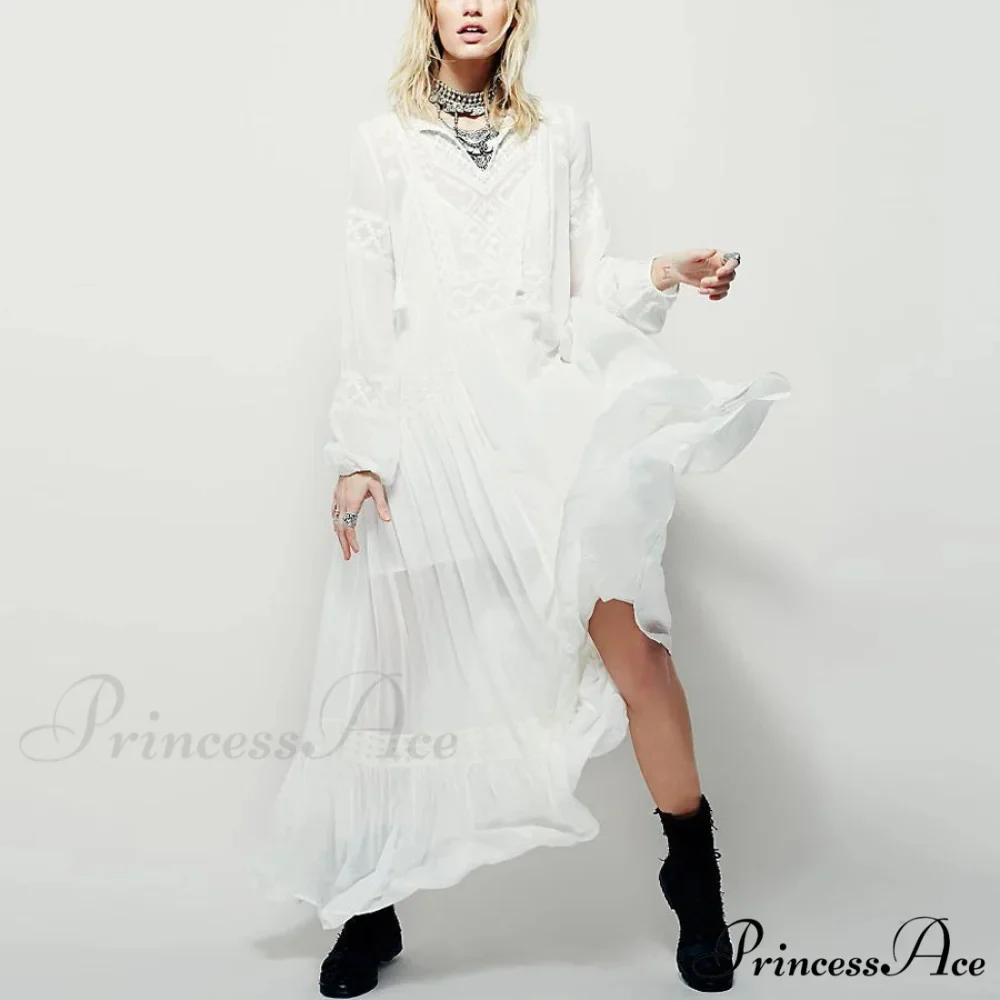 Long Sleeve Maxi Dress Crimson Floral Embroidery Fringe Boho Dress - Image 4
