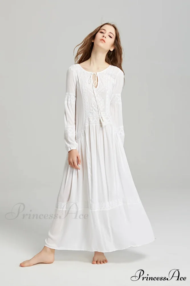 Long Sleeve Maxi Dress Crimson Floral Embroidery Fringe Boho Dress - Image 6