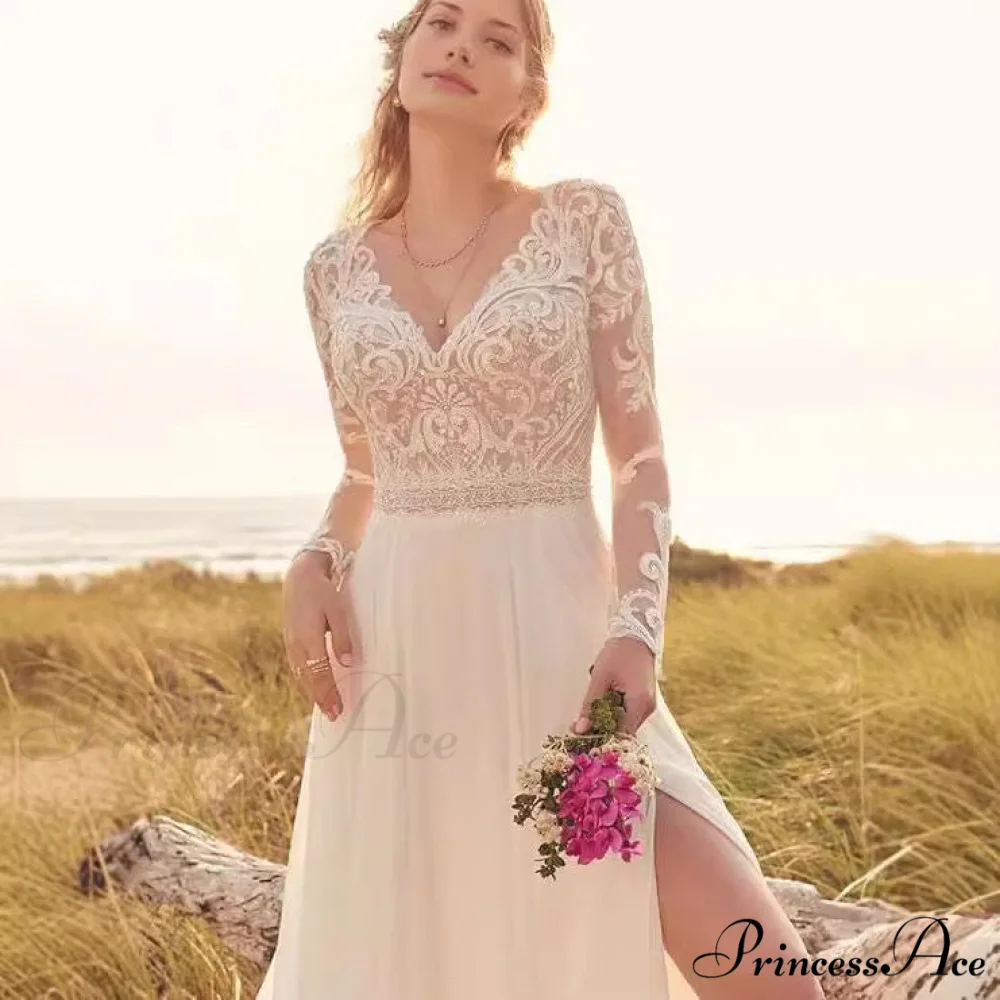 Long Sleeve Transparent Tulle Bridal Wedding Gown - Image 2