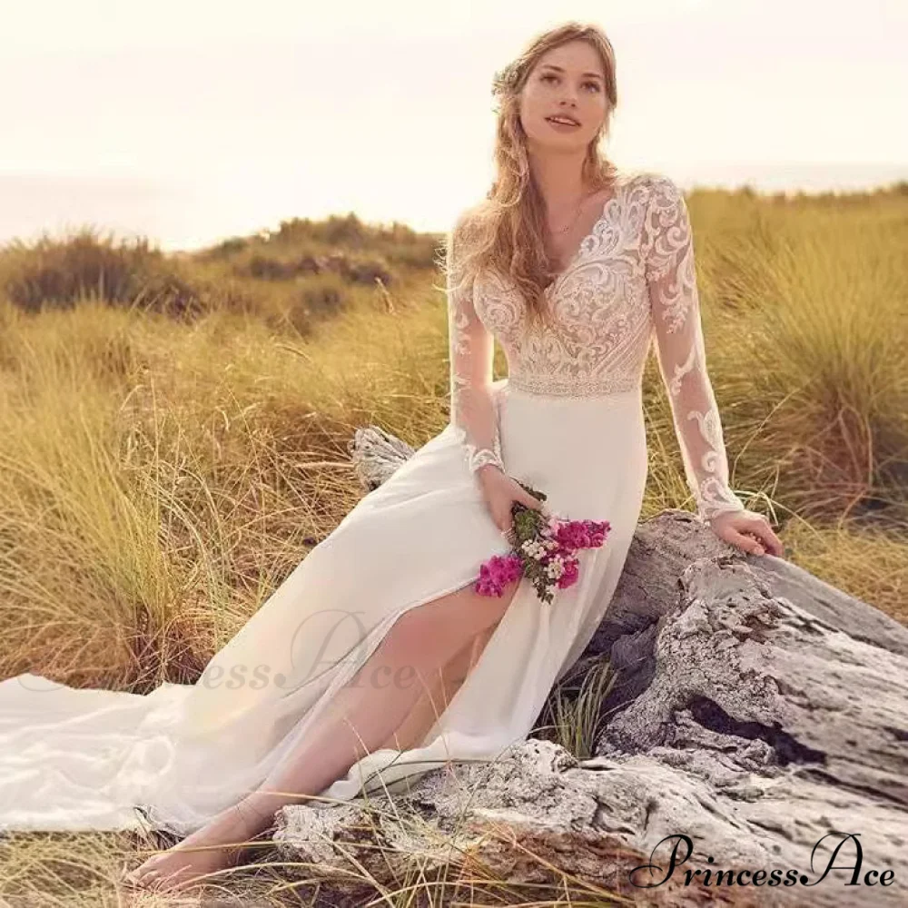 Long Sleeve Transparent Tulle Bridal Wedding Gown - Image 3