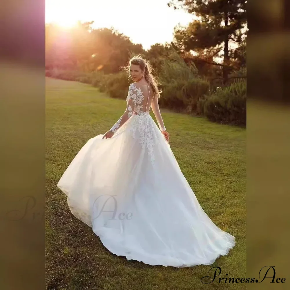 Long Sleeve Transparent Tulle Bridal Wedding Gown - Image 2