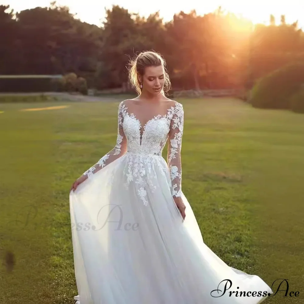 Long Sleeve Transparent Tulle Bridal Wedding Gown - Image 3