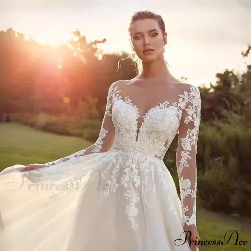 Long Sleeve Transparent Tulle Bridal Wedding Gown - Image 4