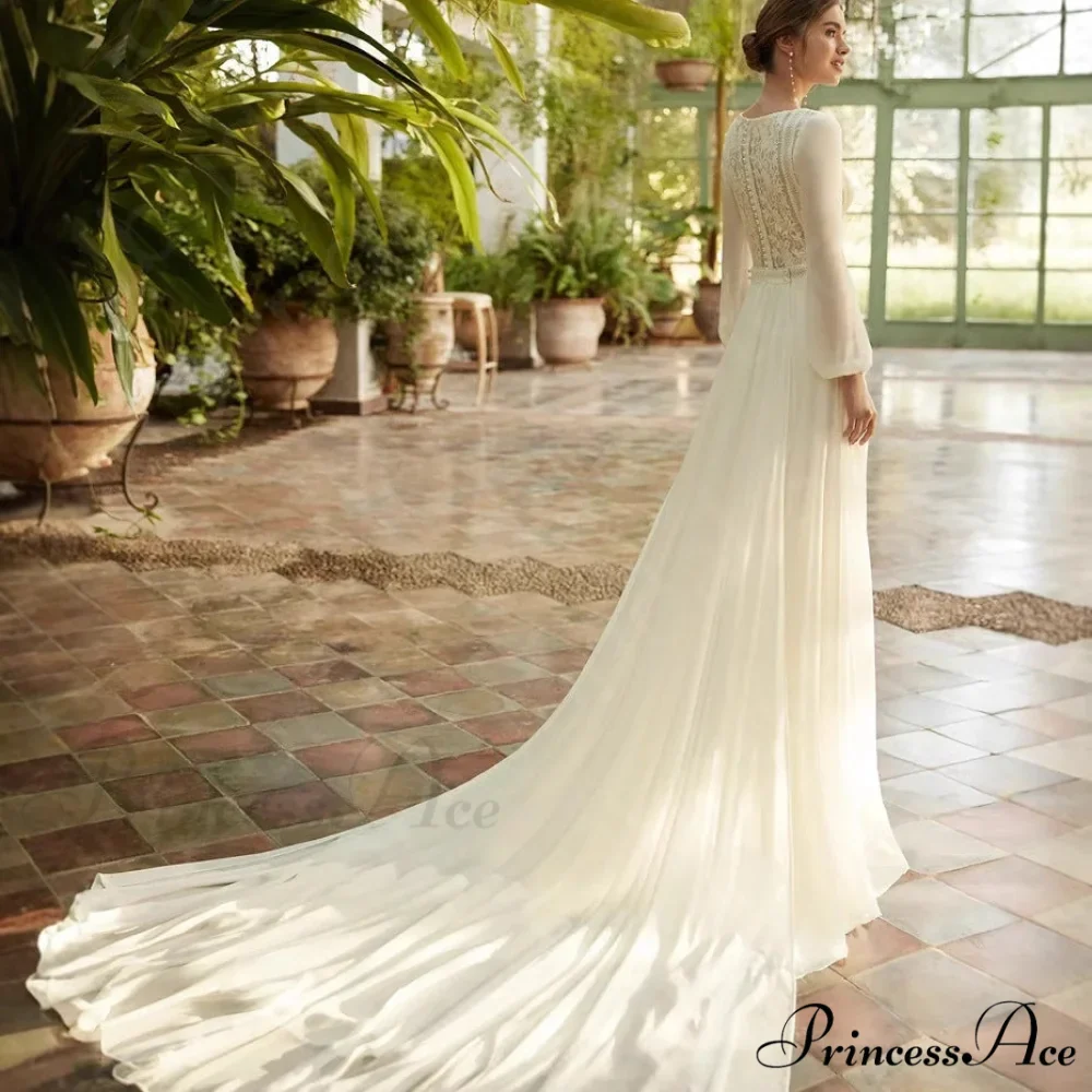Long Sleeve Transparent Tulle Bridal Wedding Gown - Image 2