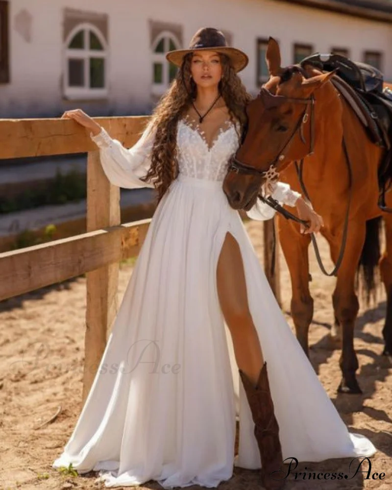 Long Sleeve V-Neck Lace Bridal Gown - Image 4