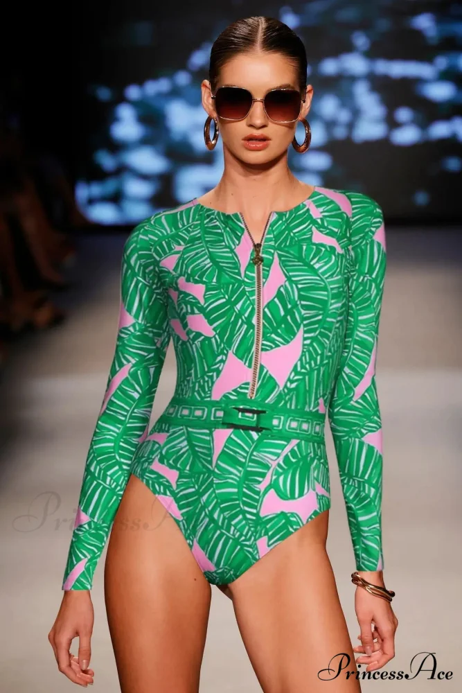 Long Sleeve Zip Azure One Piece Swimsuit
