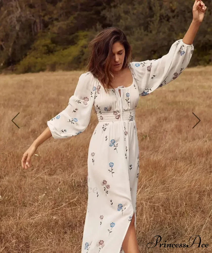 Long-sleeved Elastic Waist Split White Bohemian Dress - Image 2