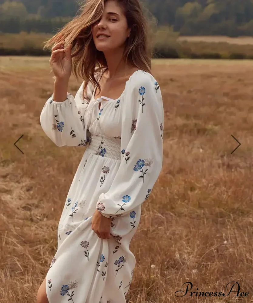 Long-sleeved Elastic Waist Split White Bohemian Dress - Image 3