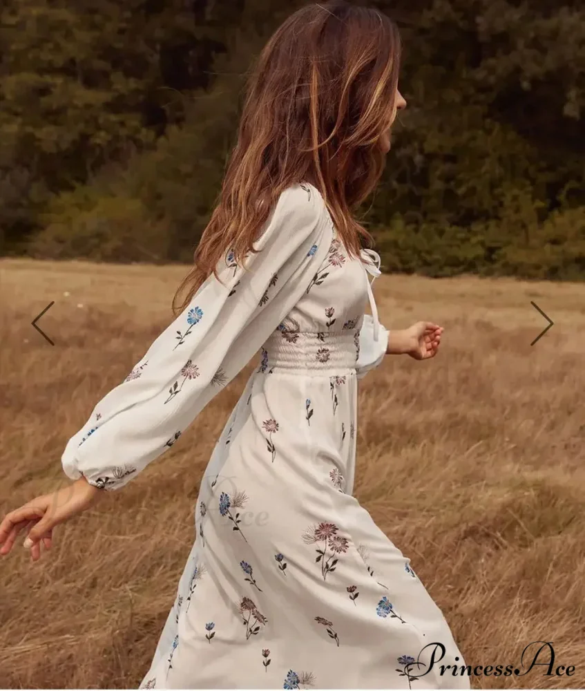 Long-sleeved Elastic Waist Split White Bohemian Dress - Image 5