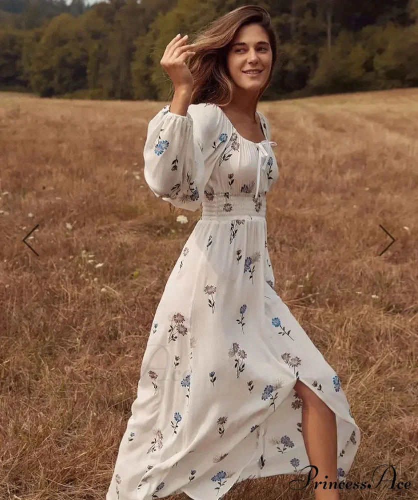 Long-sleeved Elastic Waist Split White Bohemian Dress - Image 6