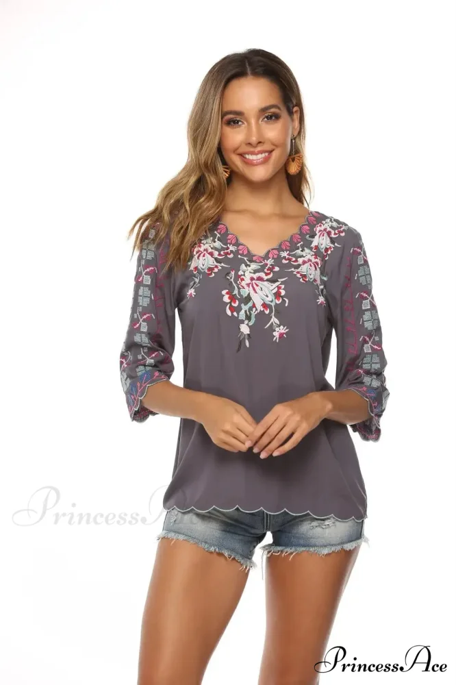 Loose Casual Cotton Floral Embroidery Boho Blouse - Image 2