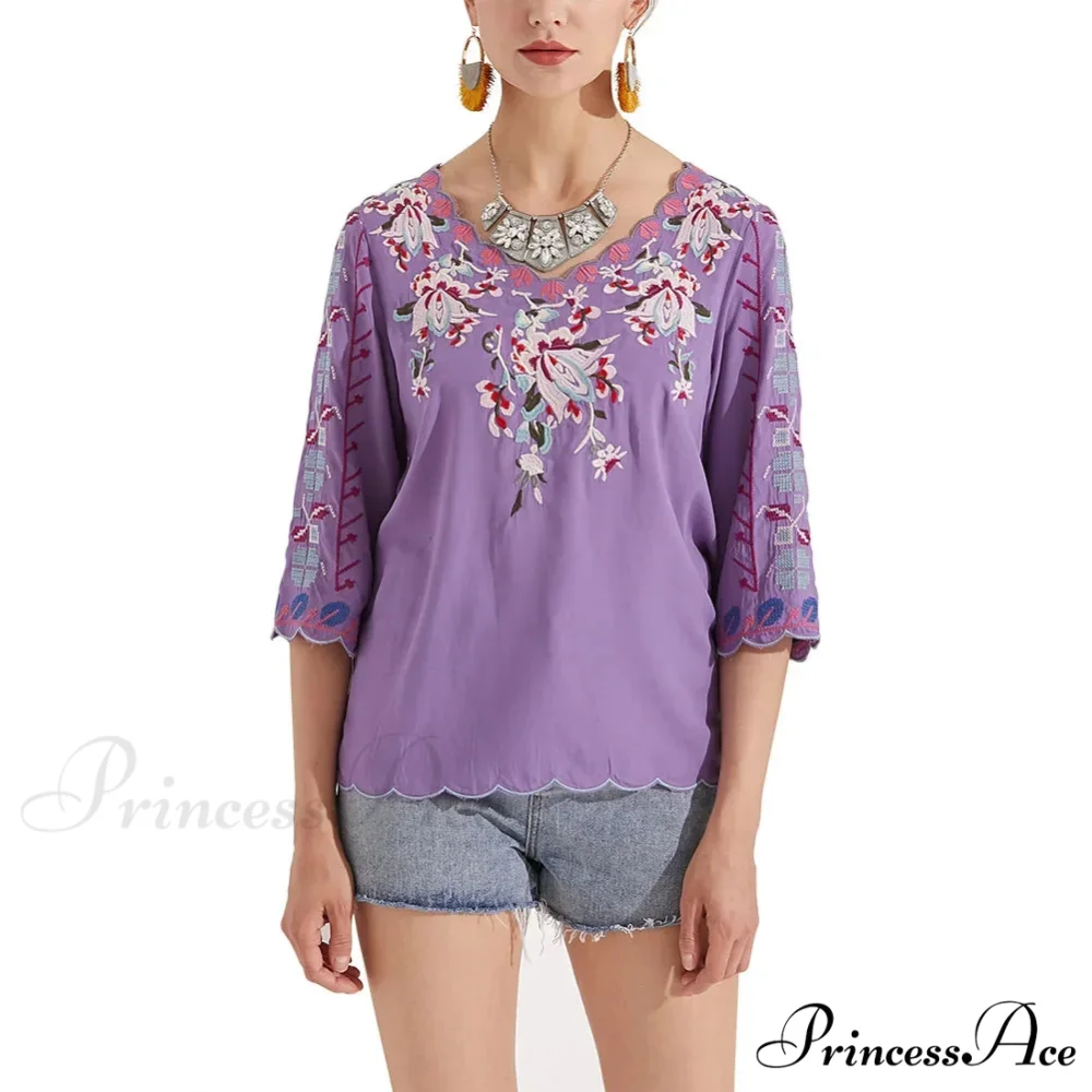 Loose Casual Cotton Floral Embroidery Boho Blouse - Image 3