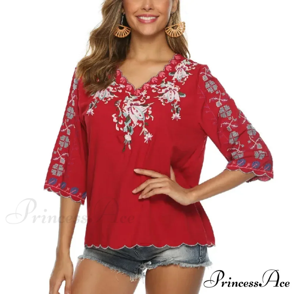 Loose Casual Cotton Floral Embroidery Boho Blouse - Image 4