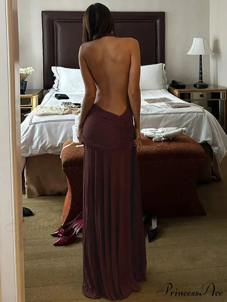 Low-cut Bandage Brown Holiday Dress - Image 3
