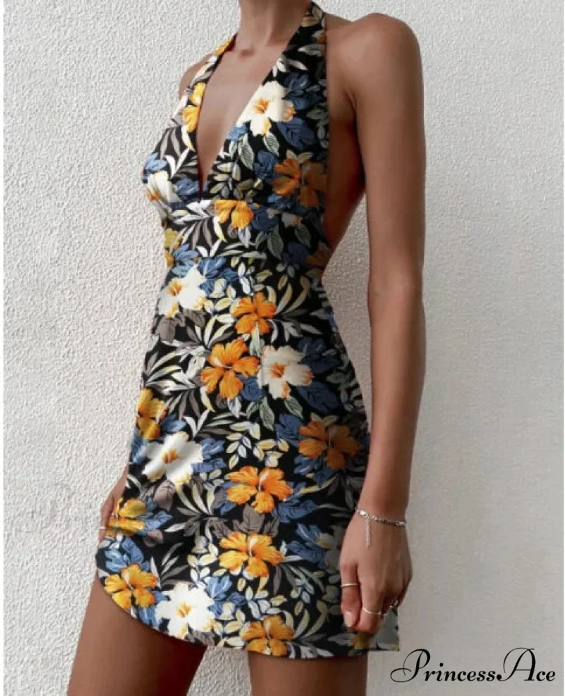Low-cut V-Neck Flower Short Dress - Image 3
