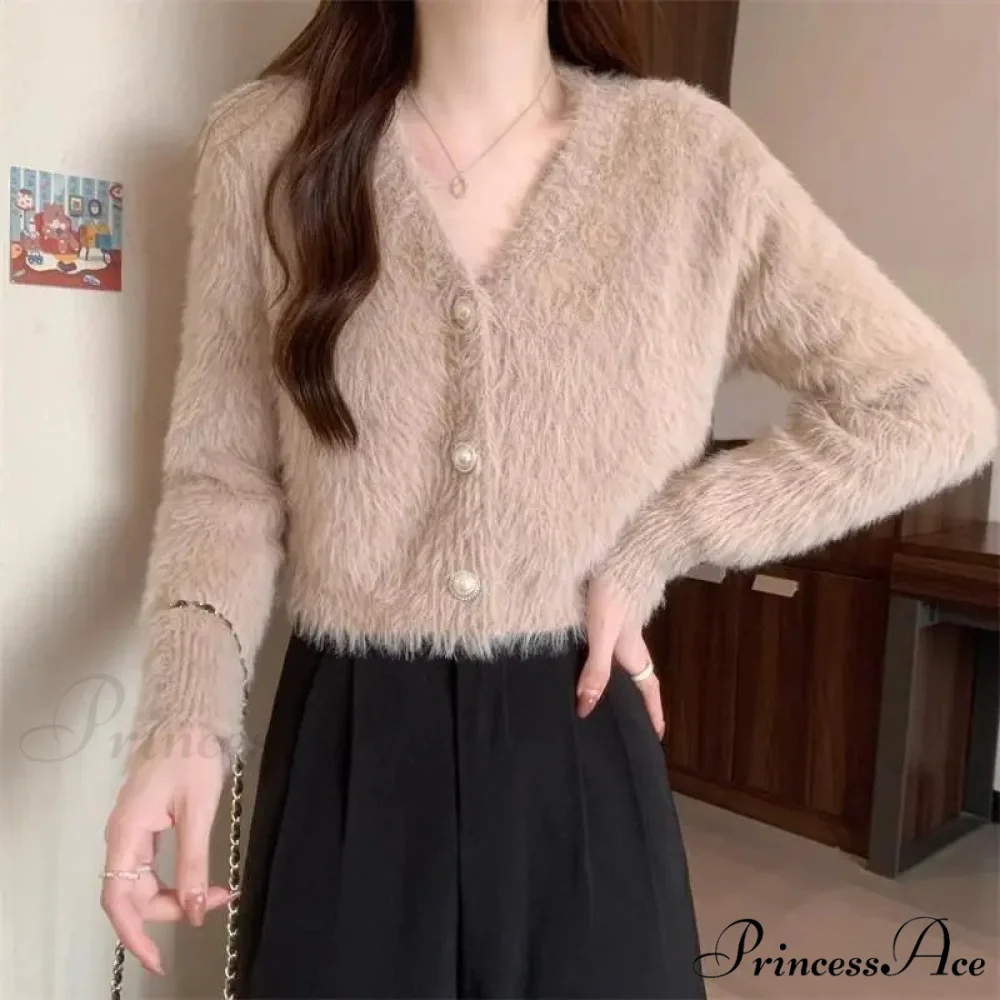 Luminous Sleeve V-Neck Monochrome Button-Up Knit Cardigan Coat - Image 3
