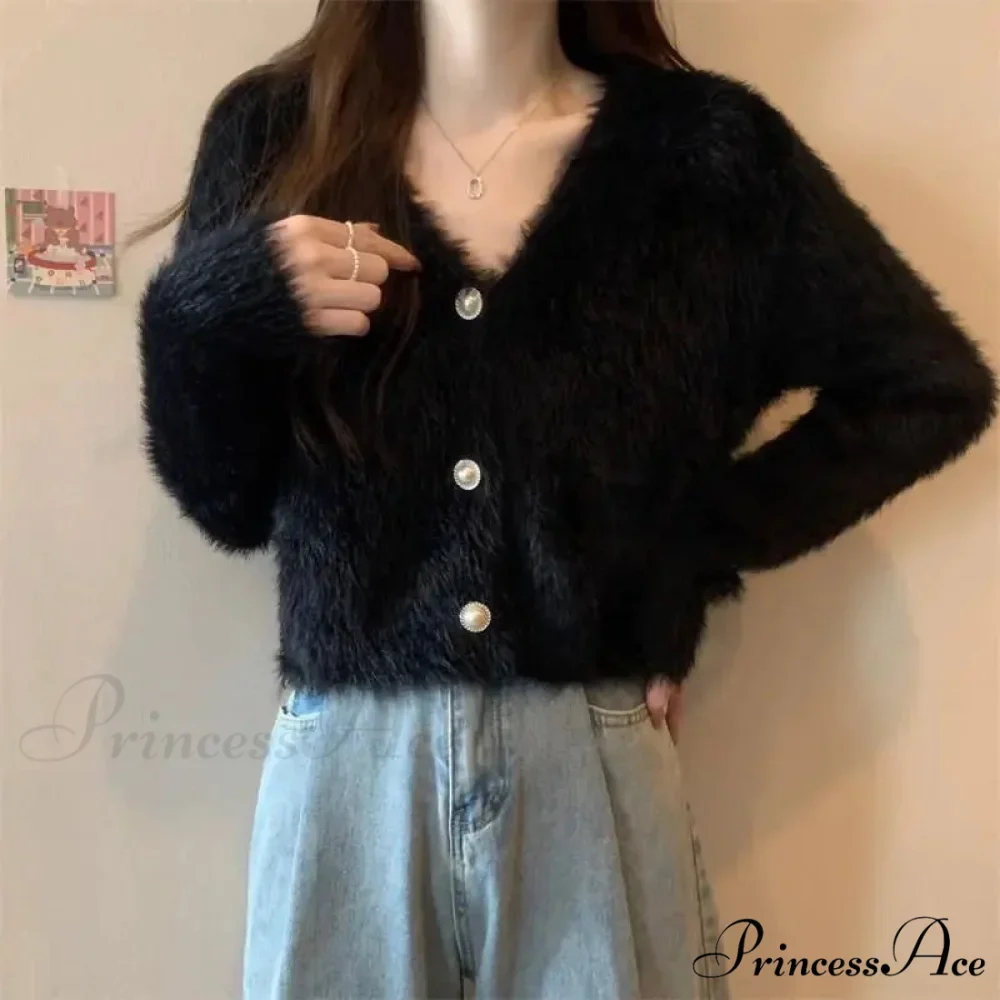 Luminous Sleeve V-Neck Monochrome Button-Up Knit Cardigan Coat - Image 4