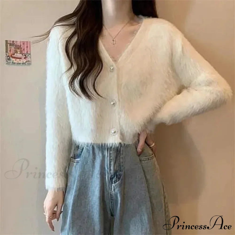 Luminous Sleeve V-Neck Monochrome Button-Up Knit Cardigan Coat - Image 5