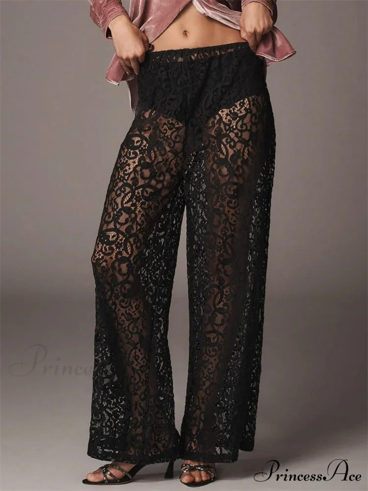 Mesh Floral Lace Transparent Black Wide Leg Pant - Image 2