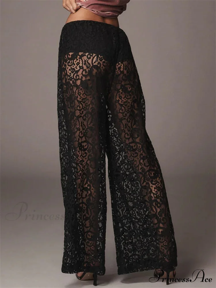 Mesh Floral Lace Transparent Black Wide Leg Pant - Image 3
