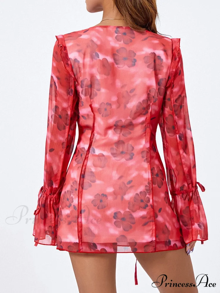 Mesh Mini Dress Sophisticated Flare Long Sleeve Split Hem Floral Dress - Image 4