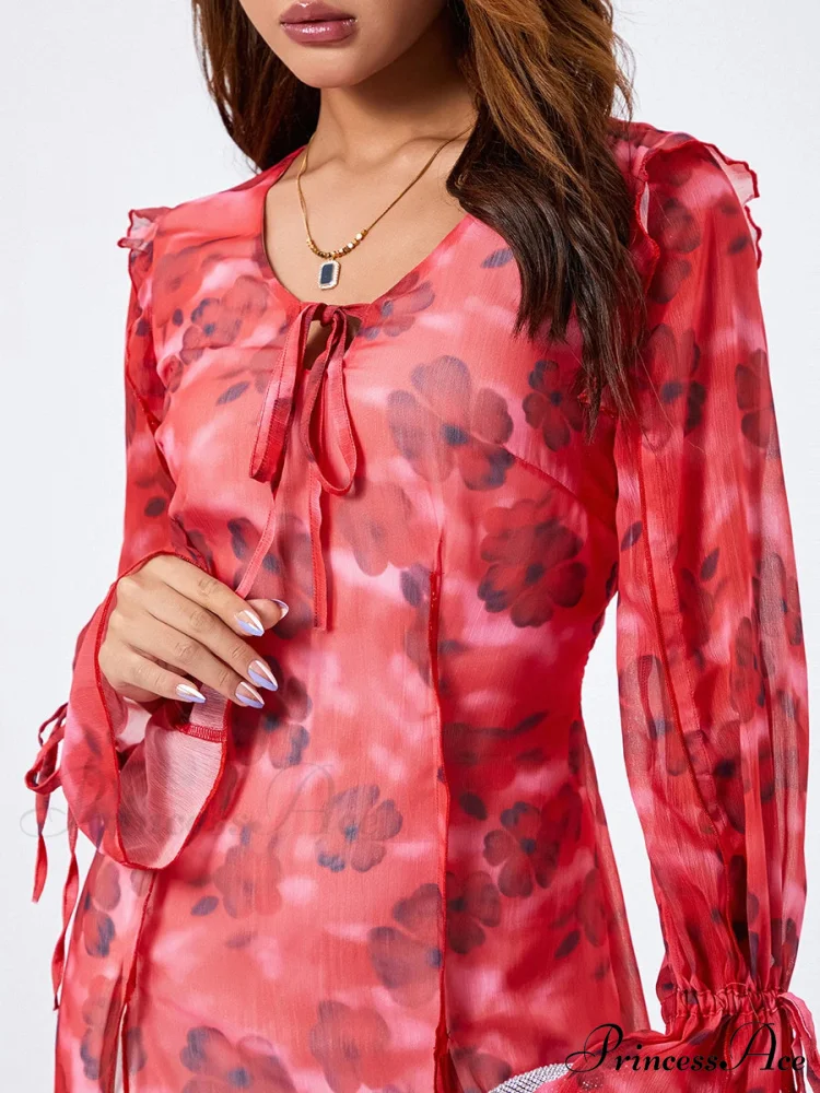 Mesh Mini Dress Sophisticated Flare Long Sleeve Split Hem Floral Dress - Image 6