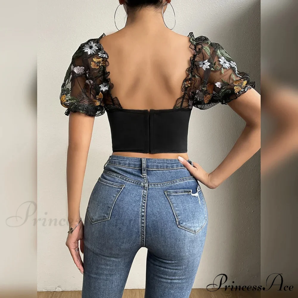 Mesh Puff Sleeve Fishbone Corset Top - Image 2