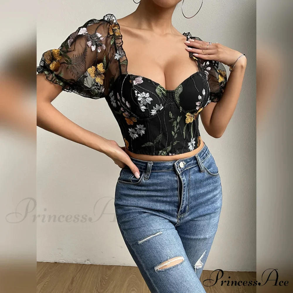 Mesh Puff Sleeve Fishbone Corset Top - Image 3