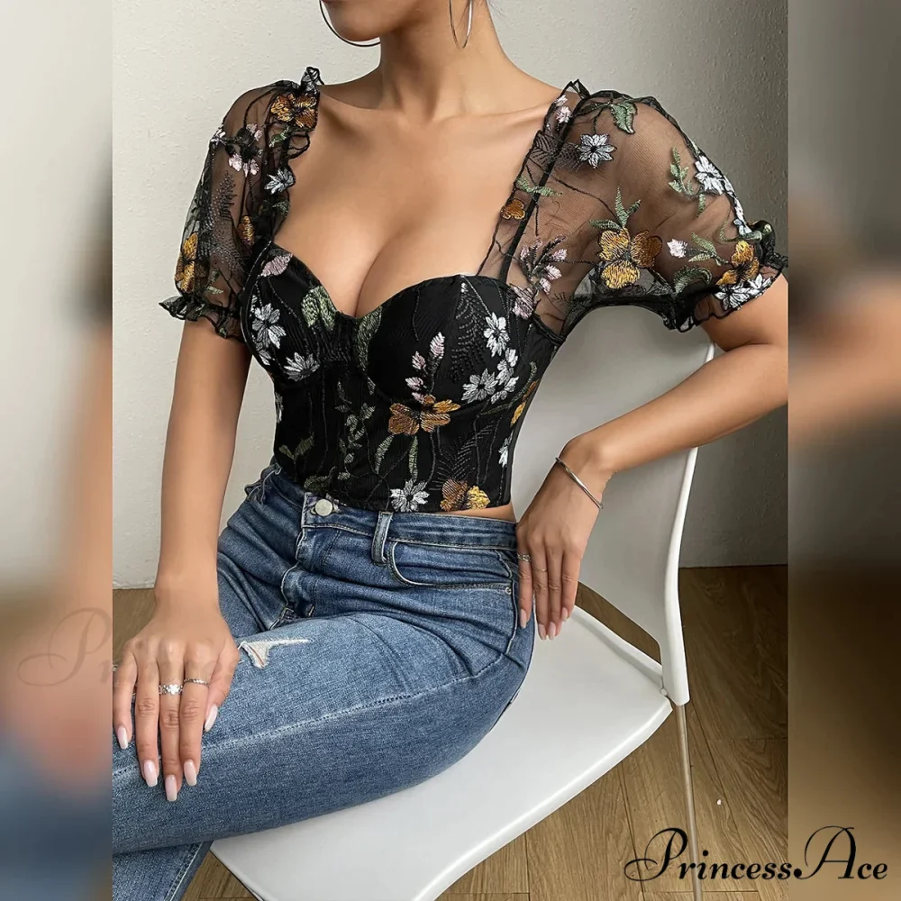 Mesh Puff Sleeve Fishbone Corset Top - Image 4