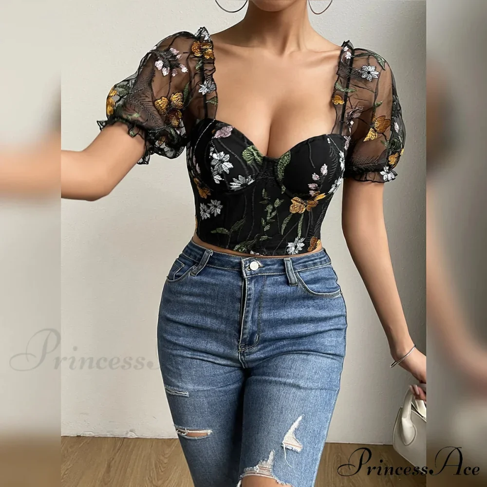 Mesh Puff Sleeve Fishbone Corset Top - Image 5