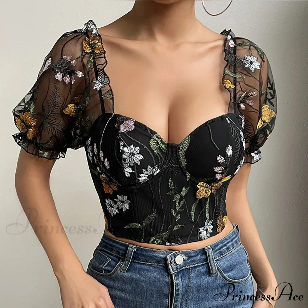 Mesh Puff Sleeve Fishbone Corset Top - Image 6
