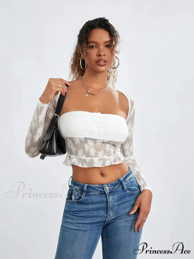 Mesh Shrug Two-piece Blossom Sheer Mesh Crop Outfit - Image 2