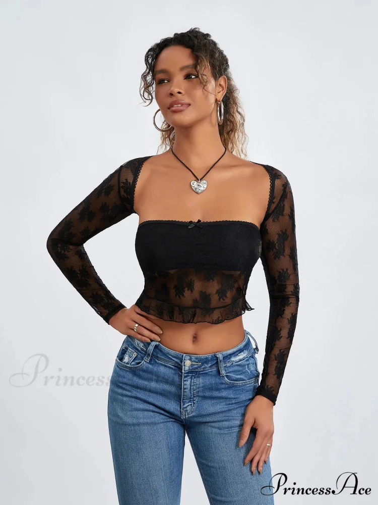 Mesh Shrug Two-piece Blossom Sheer Mesh Crop Outfit - Image 4
