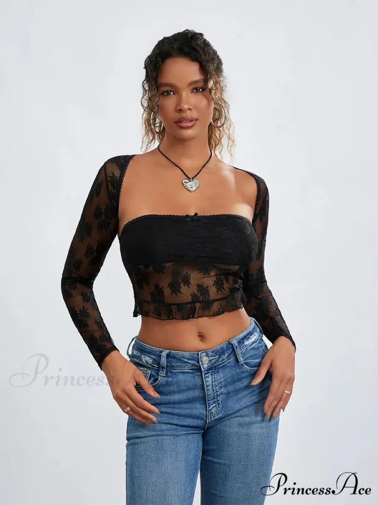 Mesh Shrug Two-piece Blossom Sheer Mesh Crop Outfit - Image 7