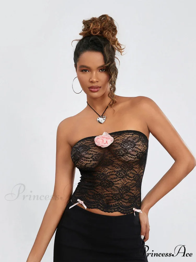 Mesh Transparent Strapless 3D Flower Bandeau - Image 3