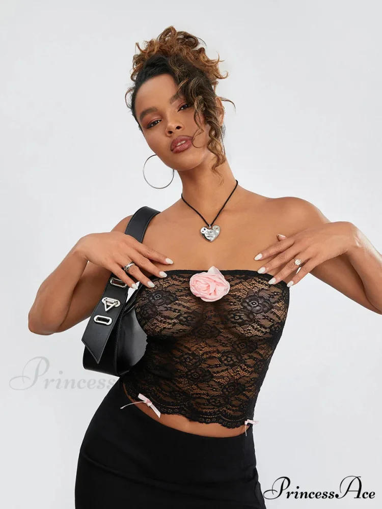 Mesh Transparent Strapless 3D Flower Bandeau - Image 4