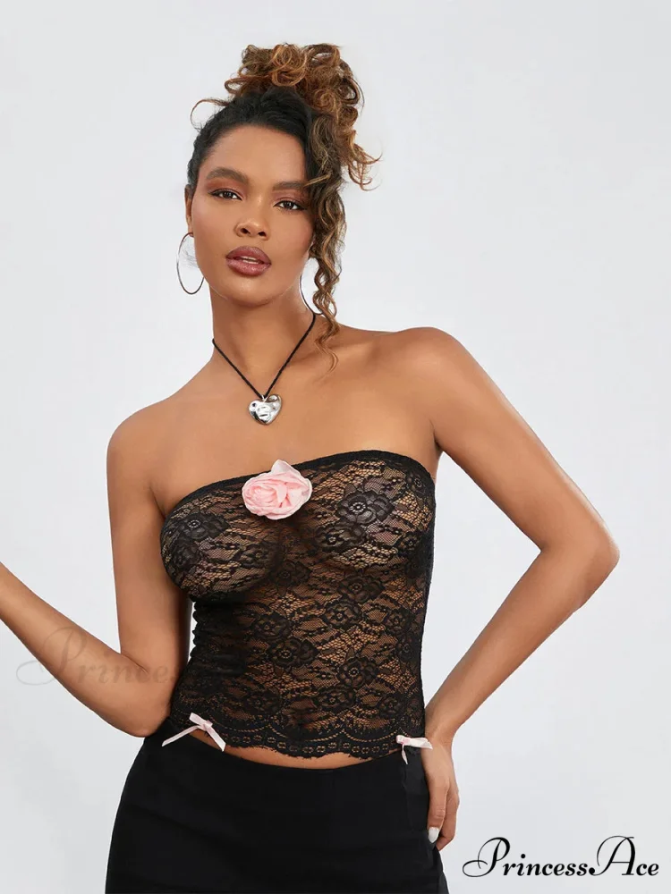 Mesh Transparent Strapless 3D Flower Bandeau - Image 5