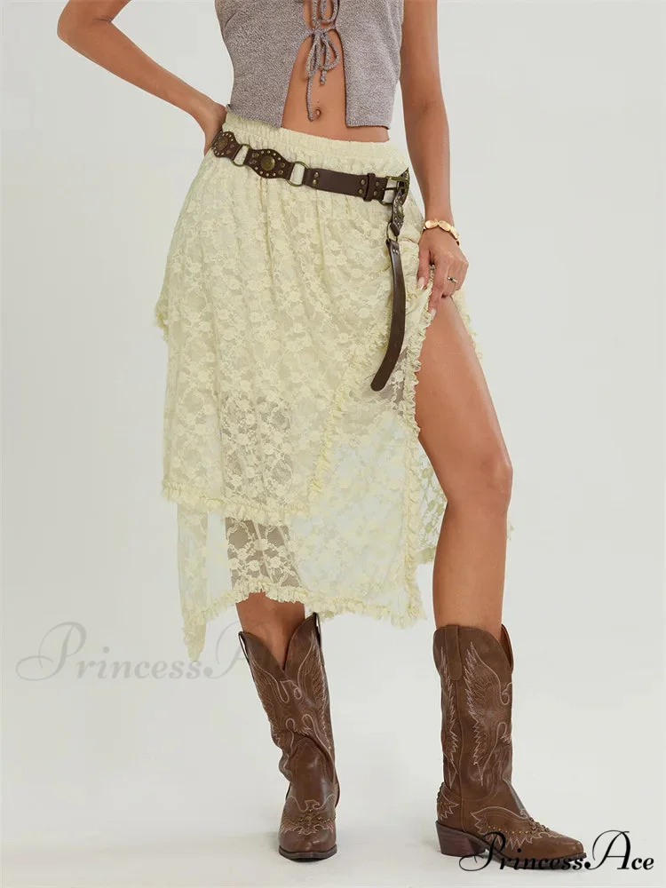 Midi Lace Floral Unpredictable Border Flexible Waist Summer Skirt - Image 2