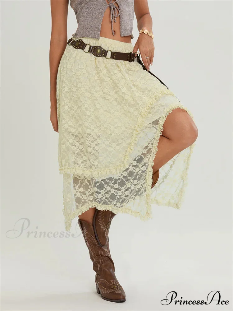 Midi Lace Floral Unpredictable Border Flexible Waist Summer Skirt - Image 3