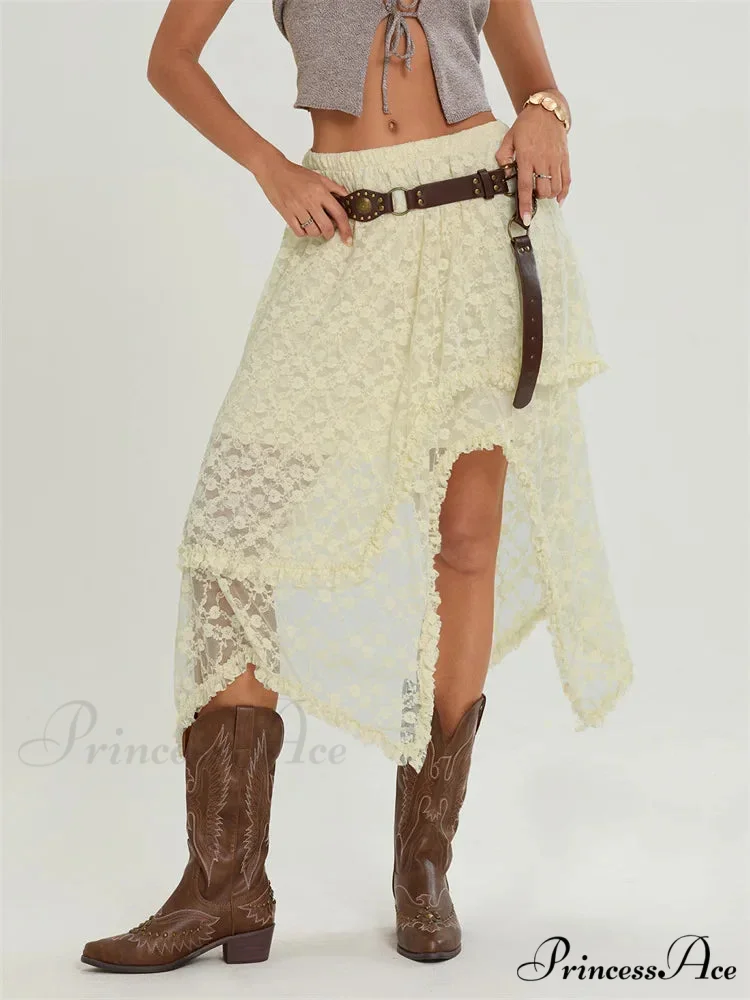 Midi Lace Floral Unpredictable Border Flexible Waist Summer Skirt - Image 4