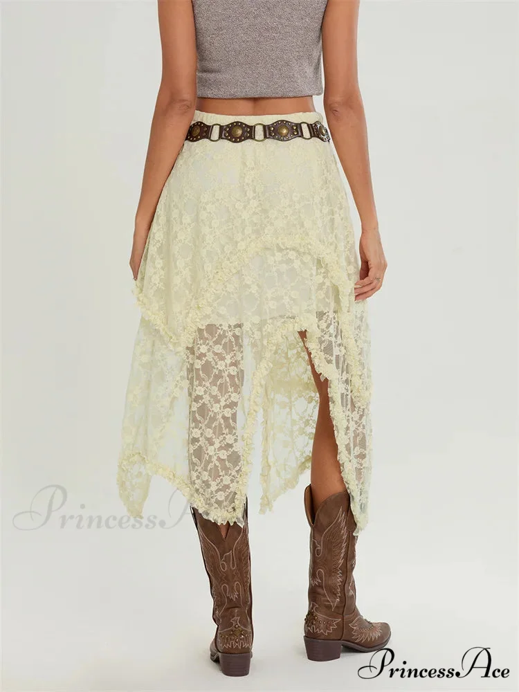 Midi Lace Floral Unpredictable Border Flexible Waist Summer Skirt - Image 5