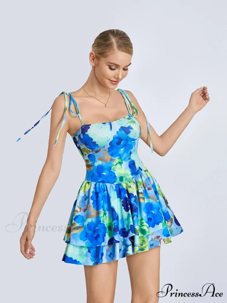 Mini Dress Tied Spaghetti Strap Frilly Hem Short Dress - Image 4